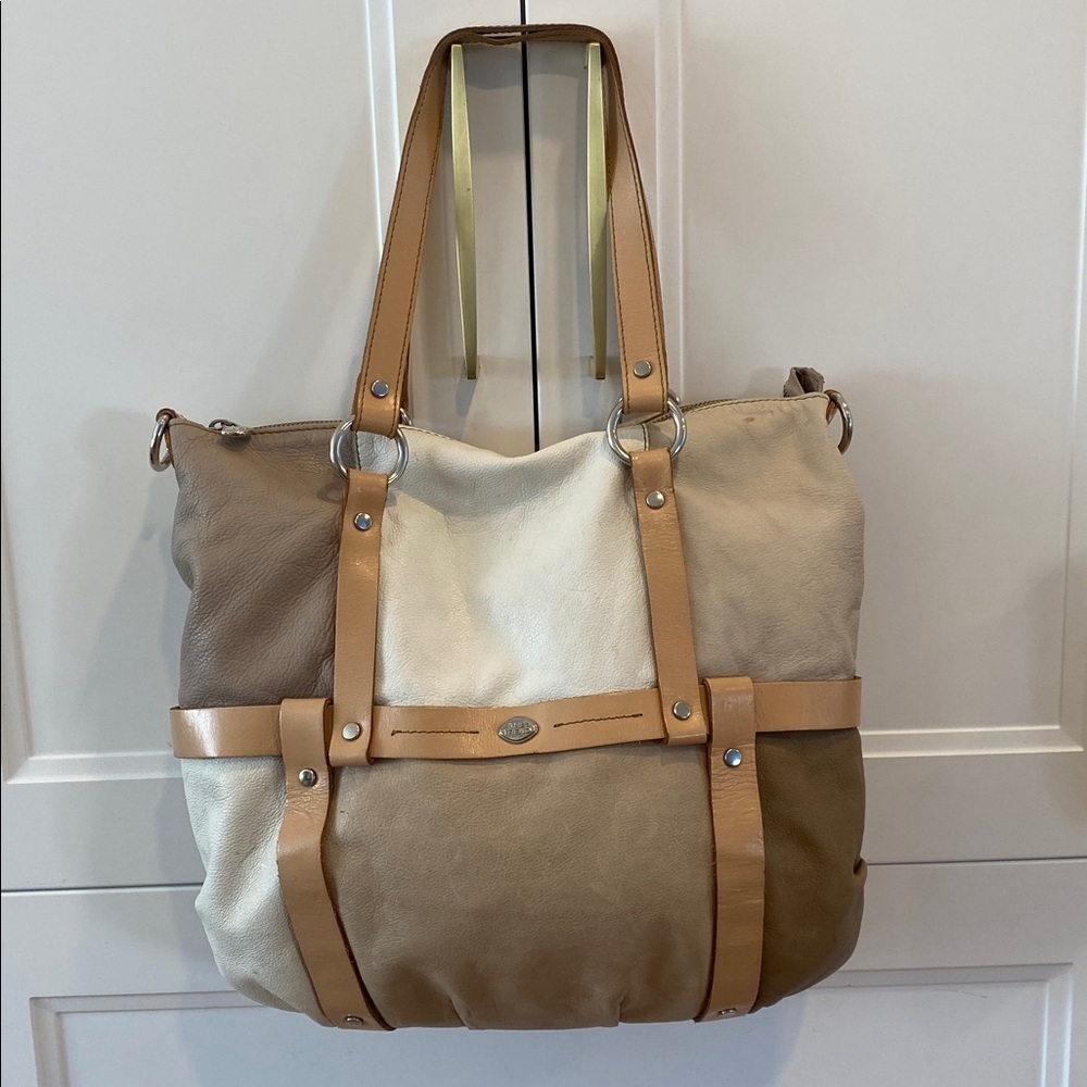 THE TREND Real Leather Slouchy Shoulder/Tote/ Laptop Bag in Tan & Cream